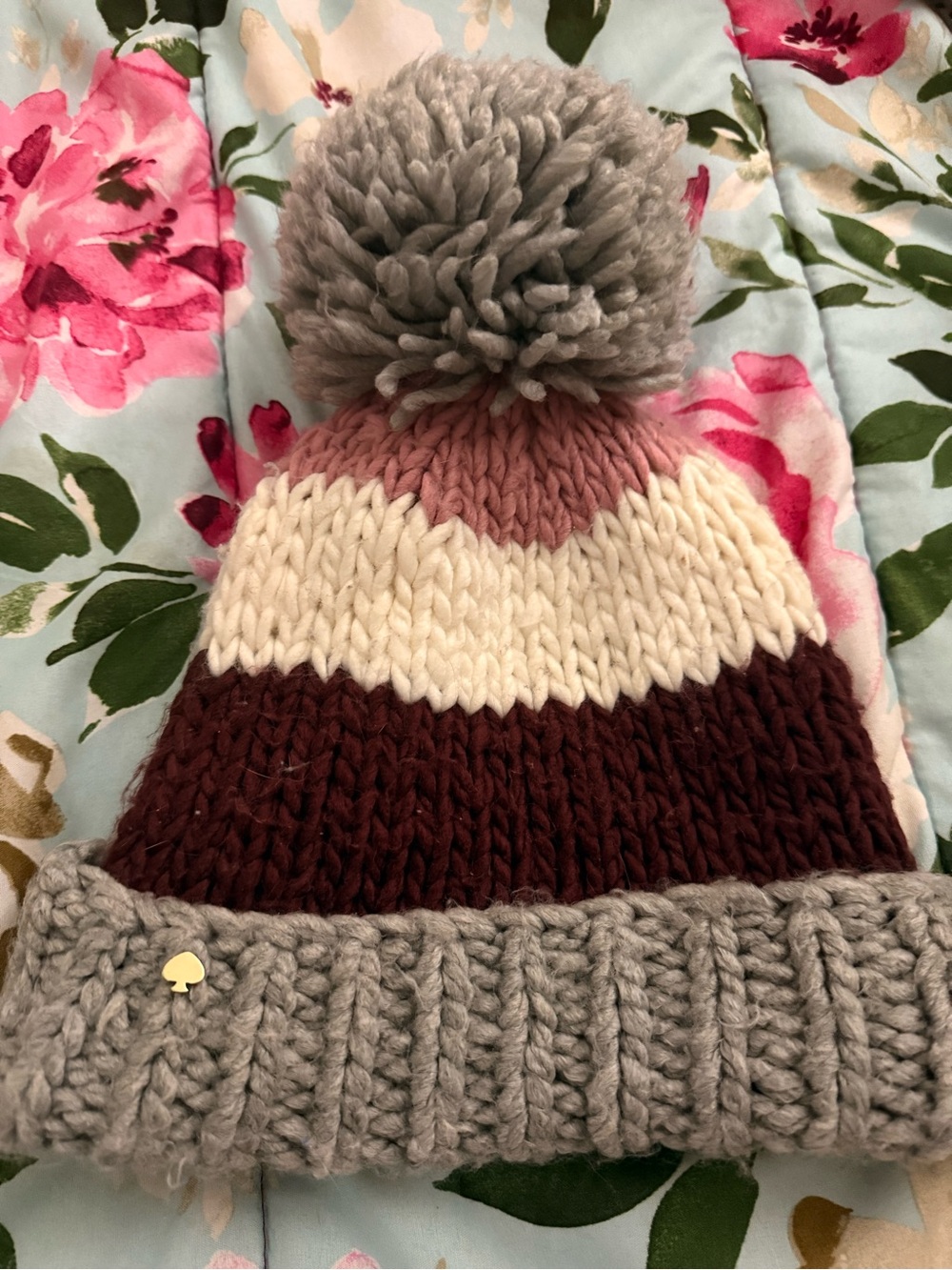 kate spade Striped Pom Pom Beanie in Gray, Pink, Cream, and Brown
